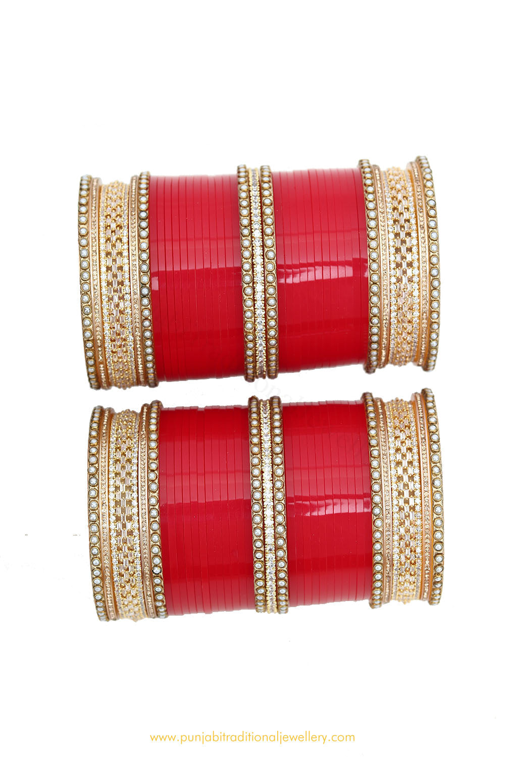 Deep Red Colour American Diamond Pearl Bridal Chura By PTJ ...