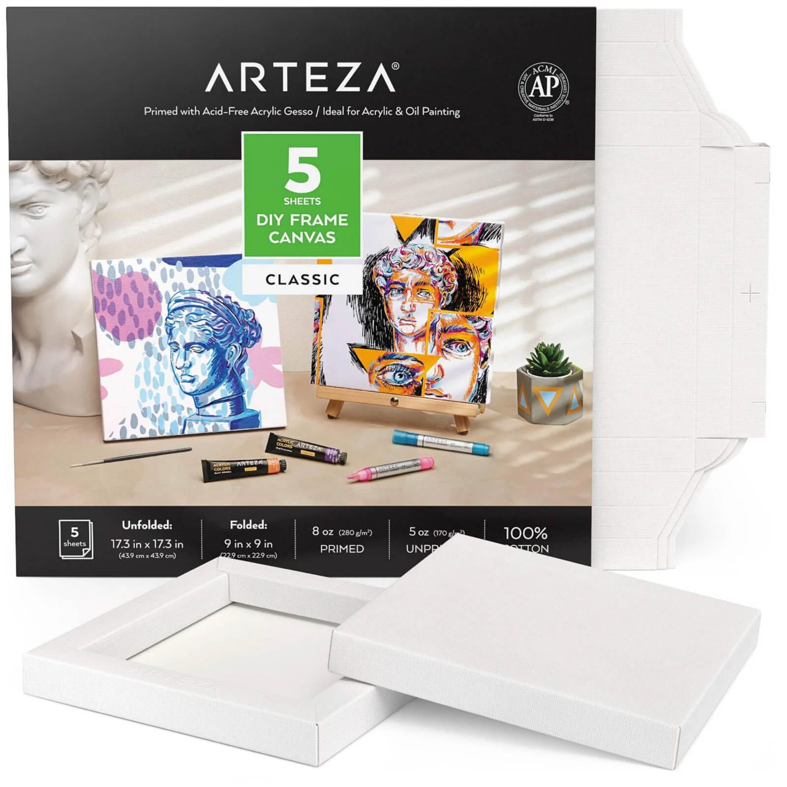 Arteza DIY Frame Canvas 5 Sheets White Cotton Primed