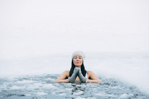 Lady in Icy Cold Water with Swim-suite, Hat and Gloves