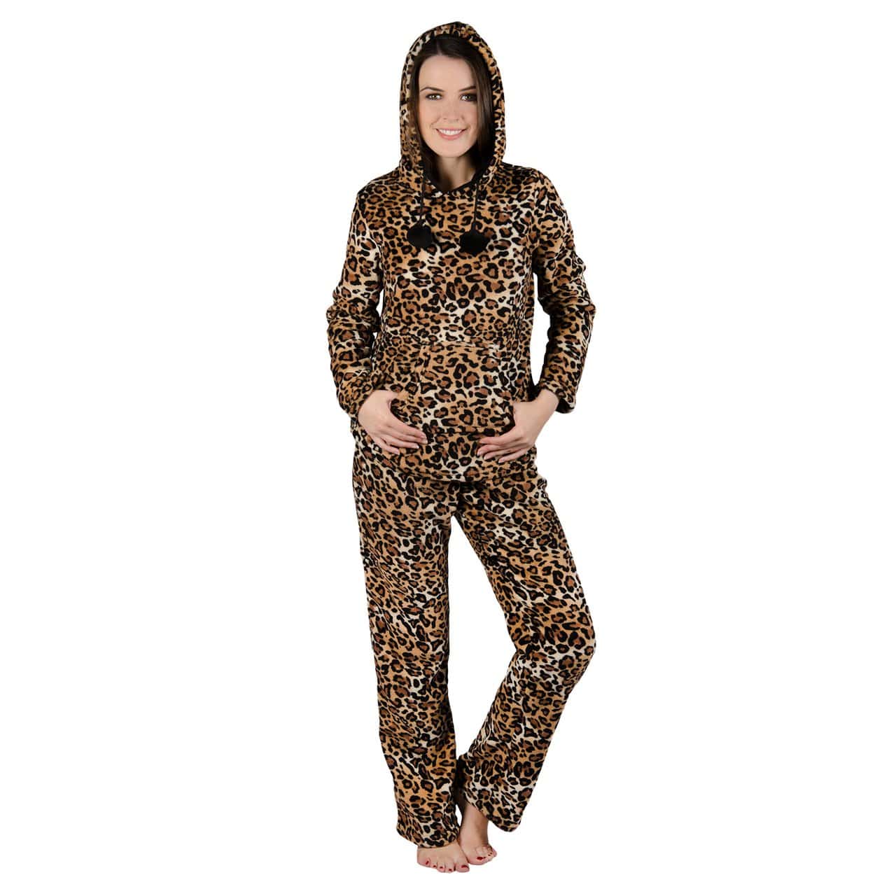 Ladies Brown Leopard Print Hooded Fleece Pyjama Set – XS-Stock.co.uk