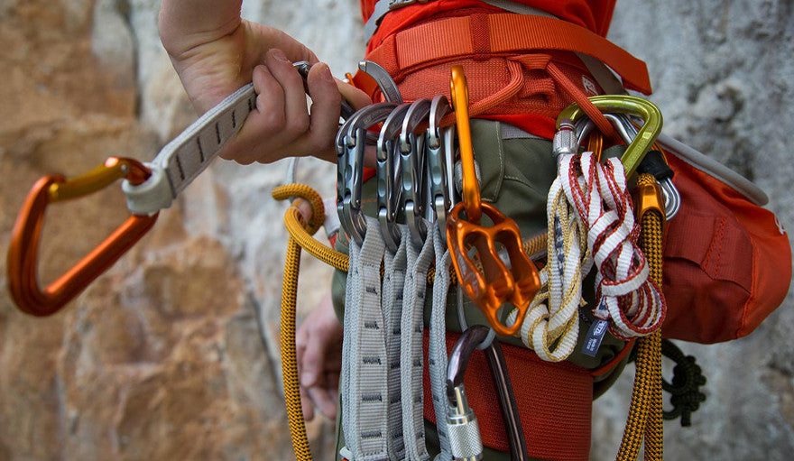 rock climbing shoes and harness