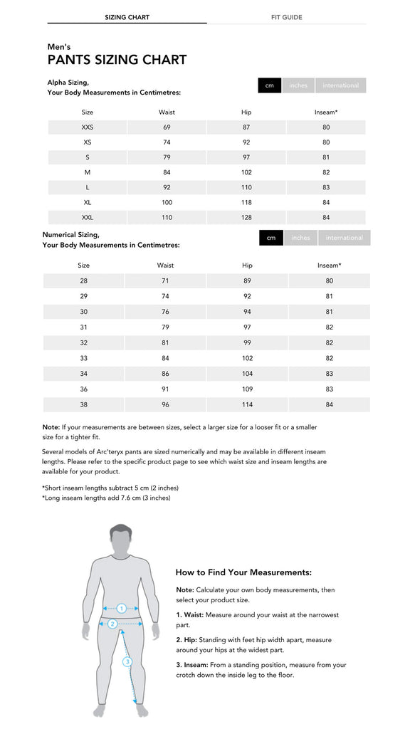 Arcteryx Pants Size Chart