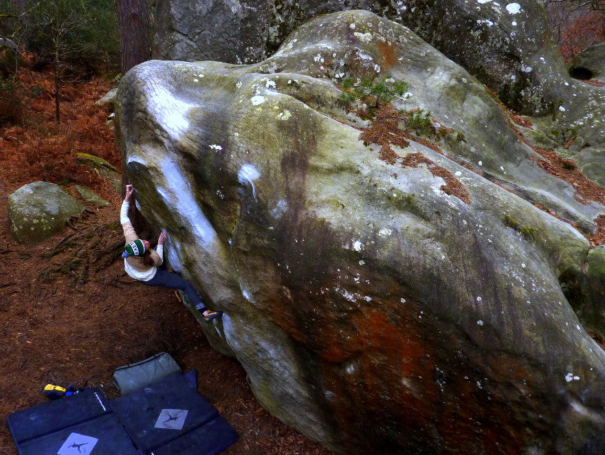 female boulderer on the circuits in fontainebleau