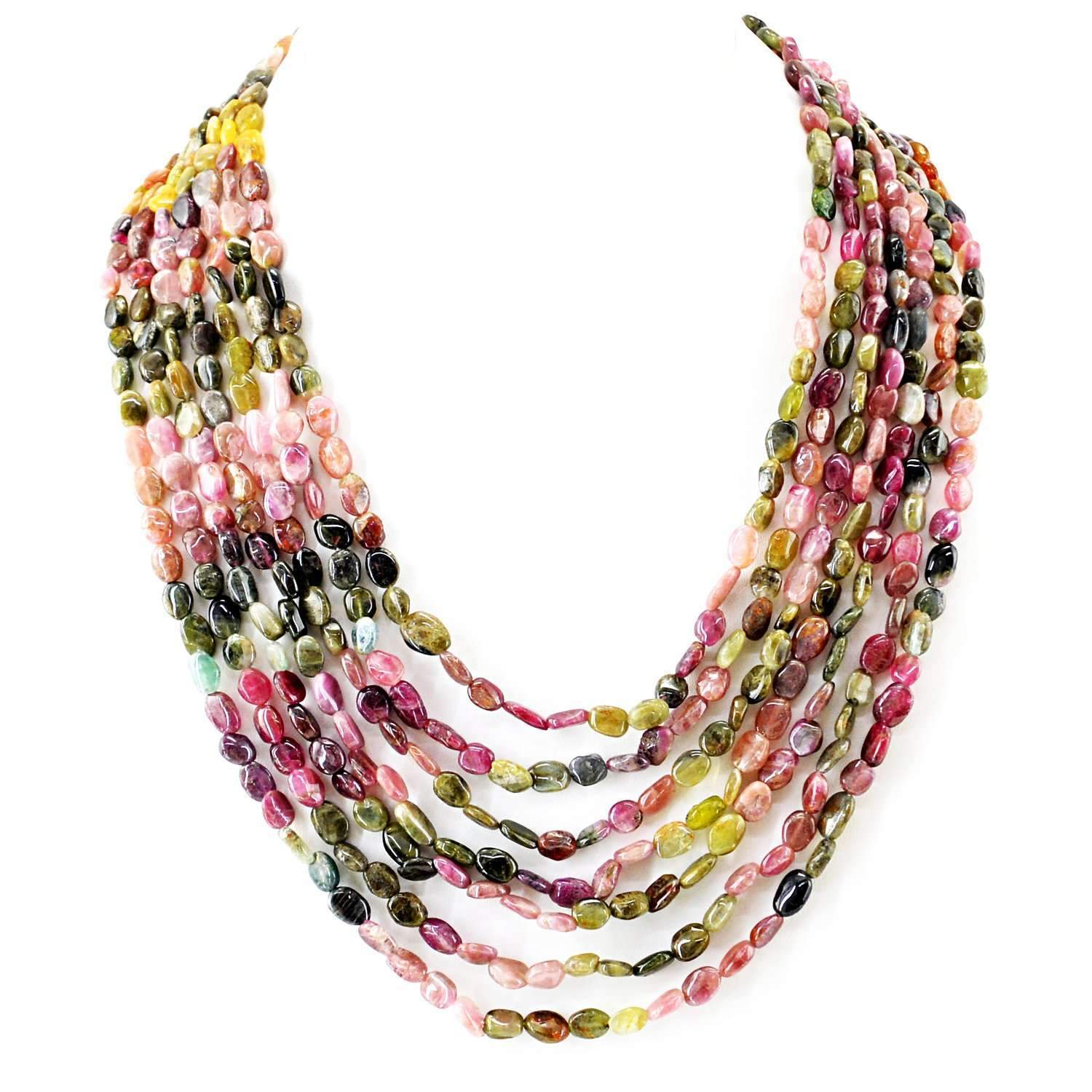 gemsmore:Natural Watermelon Tourmaline Necklace - 7 Lines Untreated Beads