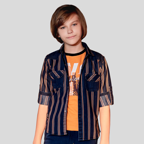 MashUp Denim Striped Stylish Shirt and T-shirt Set  For Young Boys