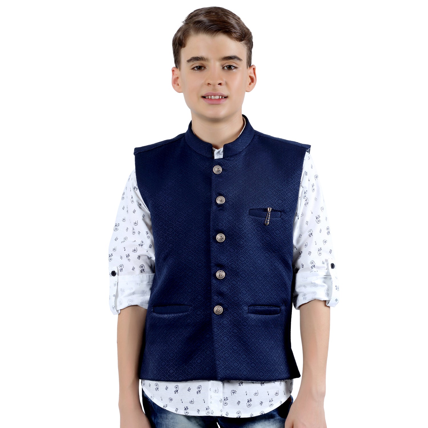 Blend Printed Nehru Jacket In Blue Colour - JK5300246