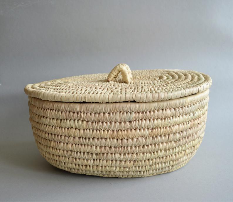 White Woven wicker basket with a fitted lid for all storage – Omar Handmade