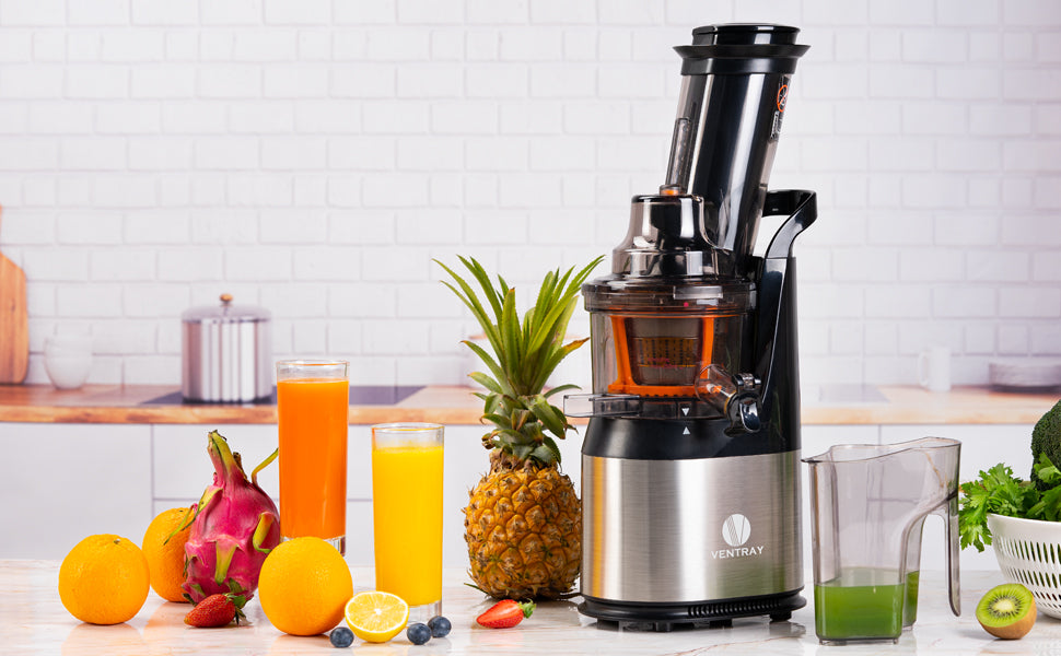 Ventray Slow Press Masticating Juicer on the kitchen table, next to lots of fruits