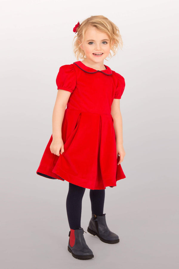 girls toddler dress red velvet peter pan collar box pleats lined petticoats puff sleeves vintage traditional princess party luxury cotton