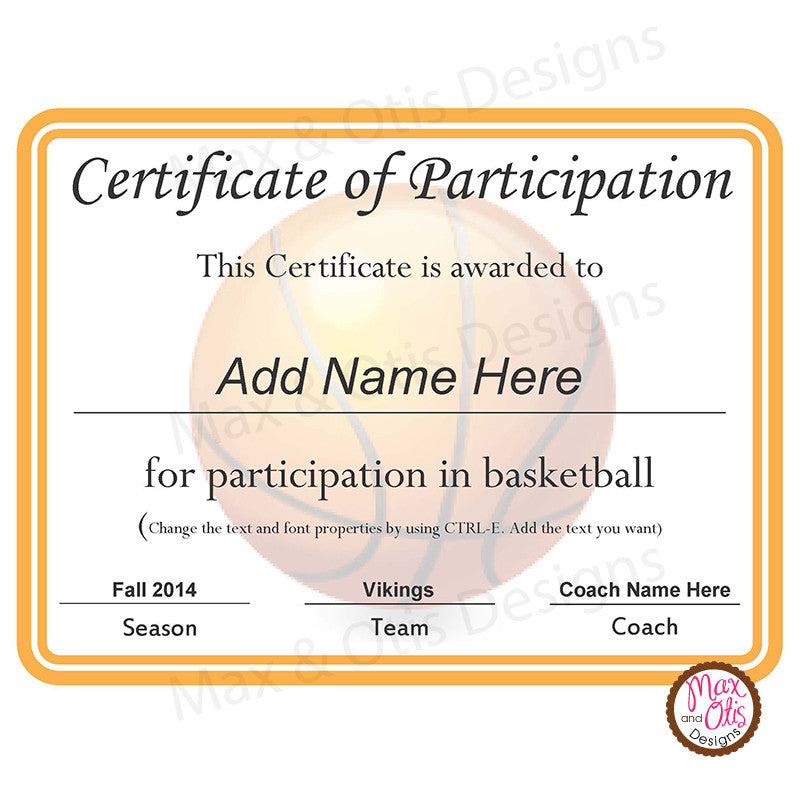 Basketball Certificate Of Participation Editable PDF