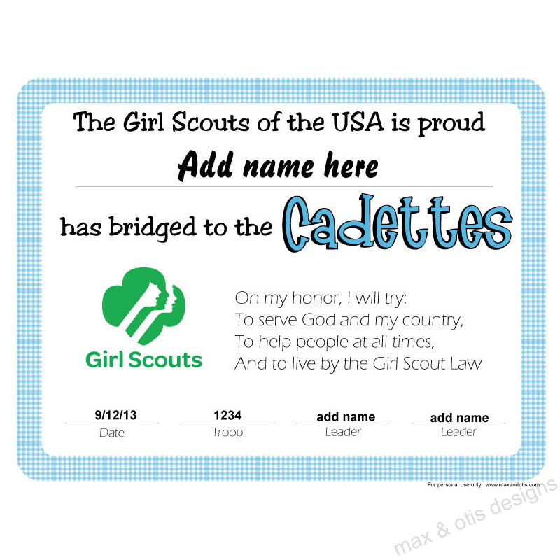 Girl Scout Cadette Printable Bridging Certificate Editable Pdf Max And Otis Designs
