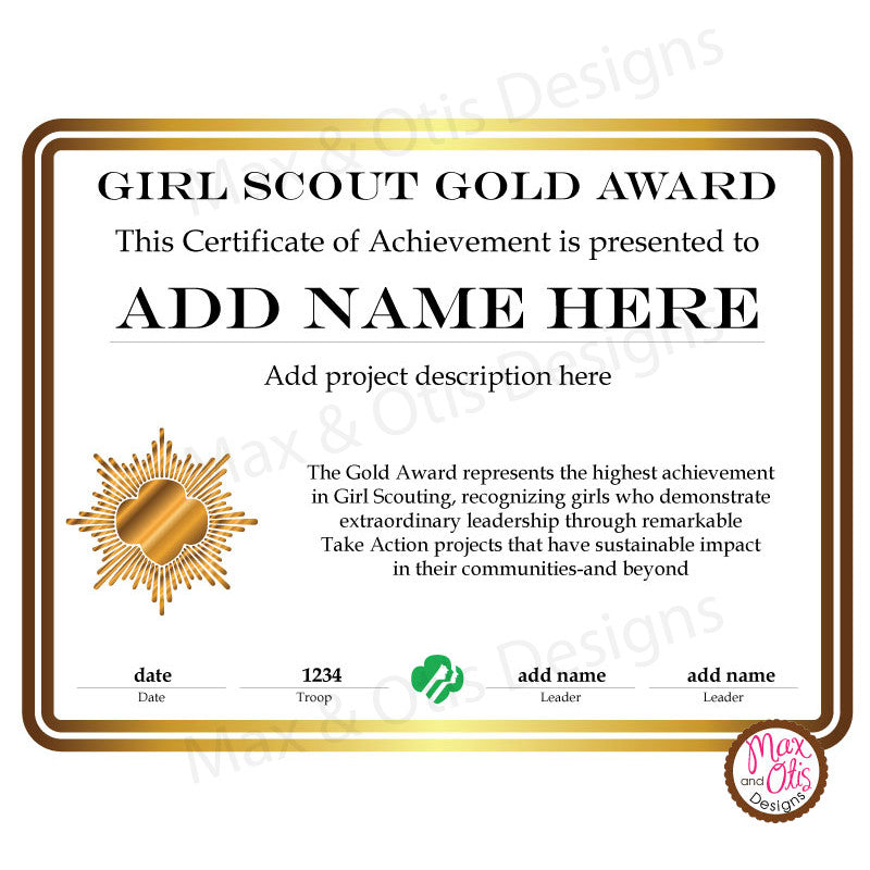 Girl Scout Cadette Printable Gold Award Certificate (editable PDF ...