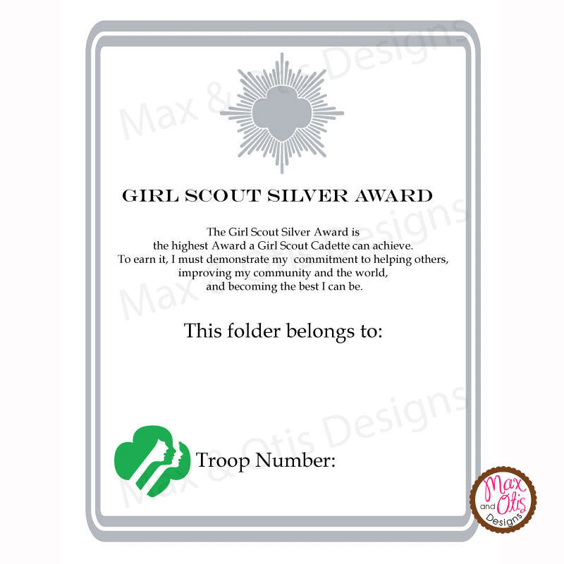 Girl Scout Cadette Printable Silver Award Folder Cover Editable Pdf Max And Otis Designs