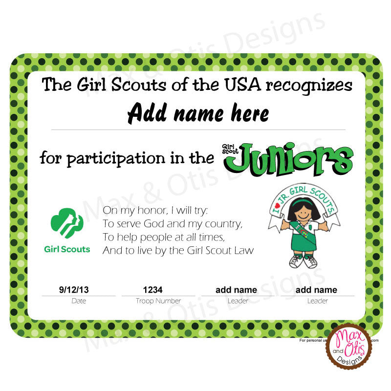 Girl Scout Junior Printable Participation Certificate (editable PDF ...