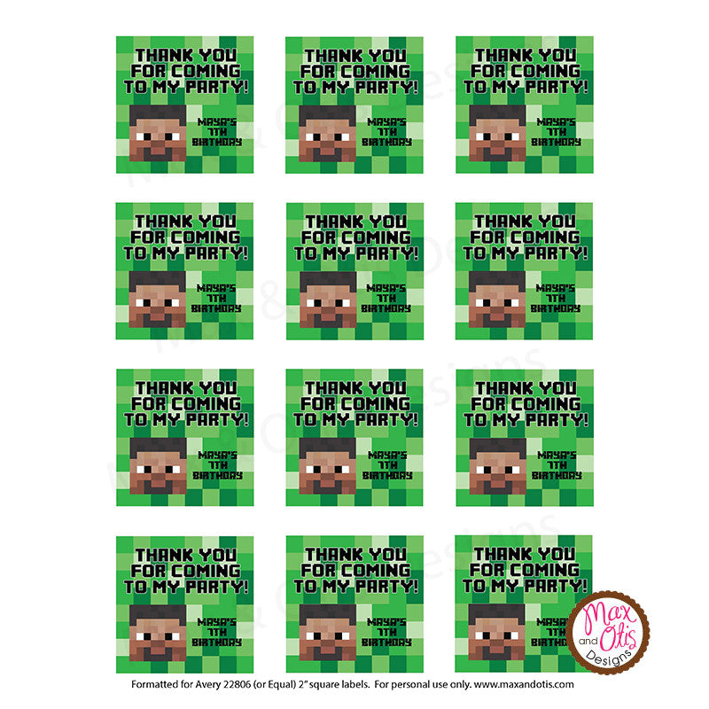 printable 2 tags labels minecraft steve thank you editable pdf