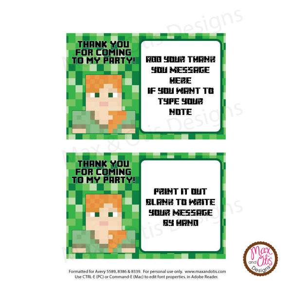 Printable Thank You Card - Minecraft Alex (editable PDF 