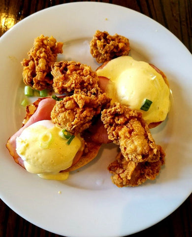 eggs benny with fried oysters 
