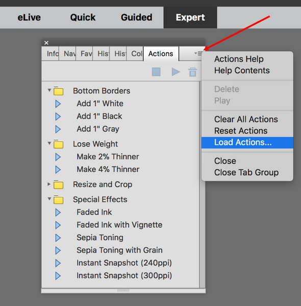 Elements load actions menu