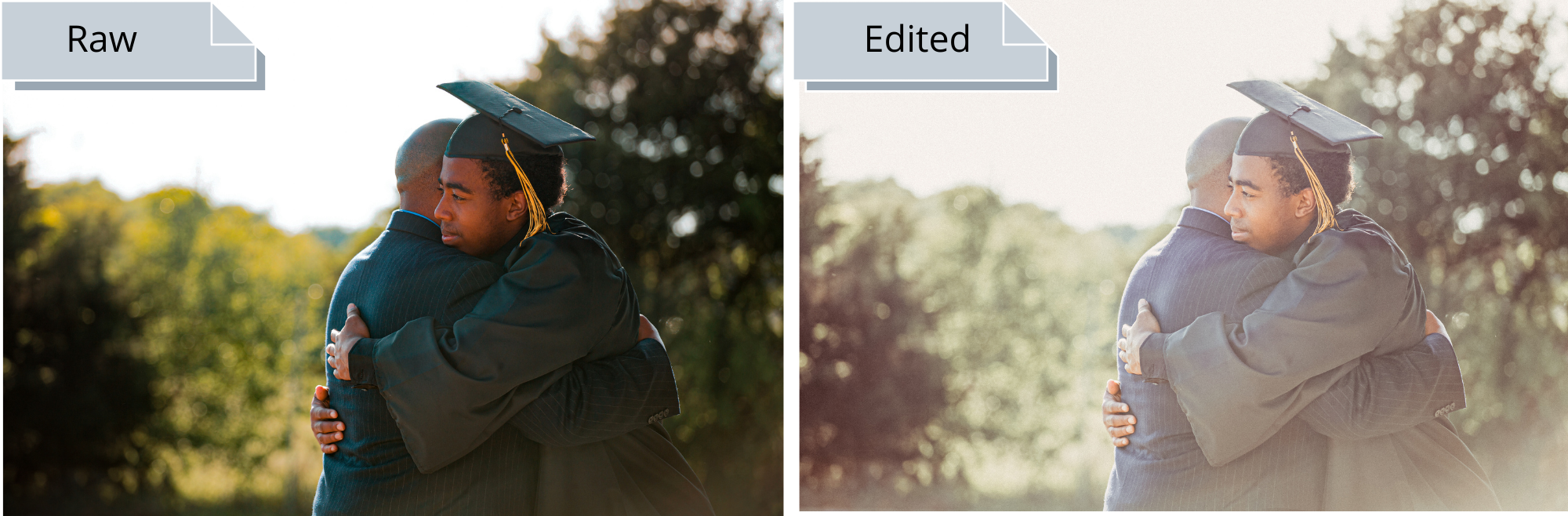 Lightroom presets before and after Black teen hugging Dad at graduation