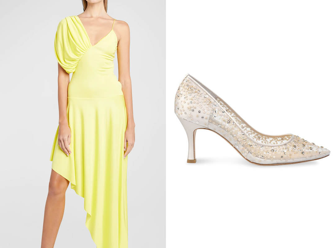 Yellow One-Shoulder Dress with Crystal Nude Heels