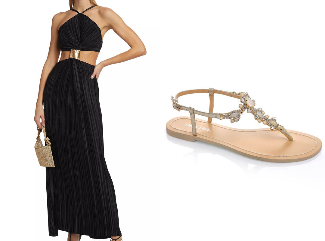 Black Halterneck Dress with Embellished Gold Sandals