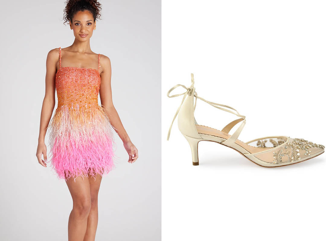 Playful Feather Dress with Gold Crystal Kitten Heels