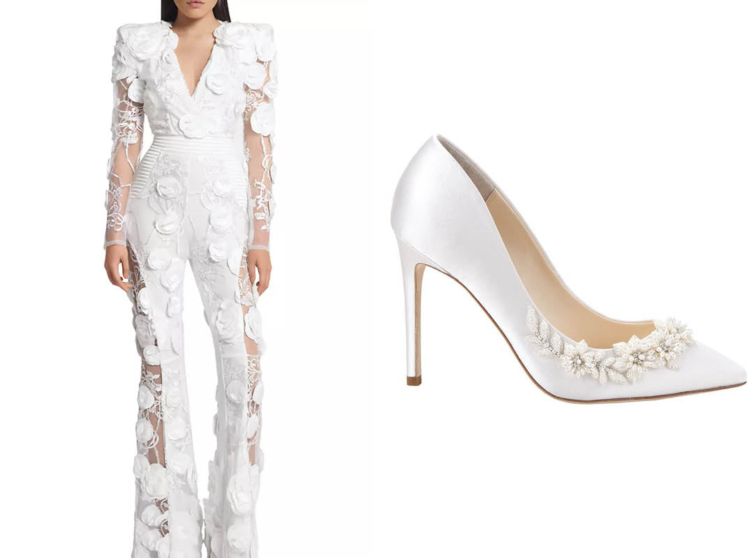 Zhivago Flared Jumpsuit And Bella Belle Jasmine Floral Wedding Shoes