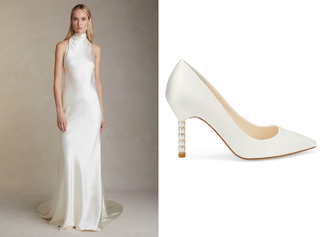 danielle frankel elopement wedding dress with bella belle shoes audrey pearl wedding heels