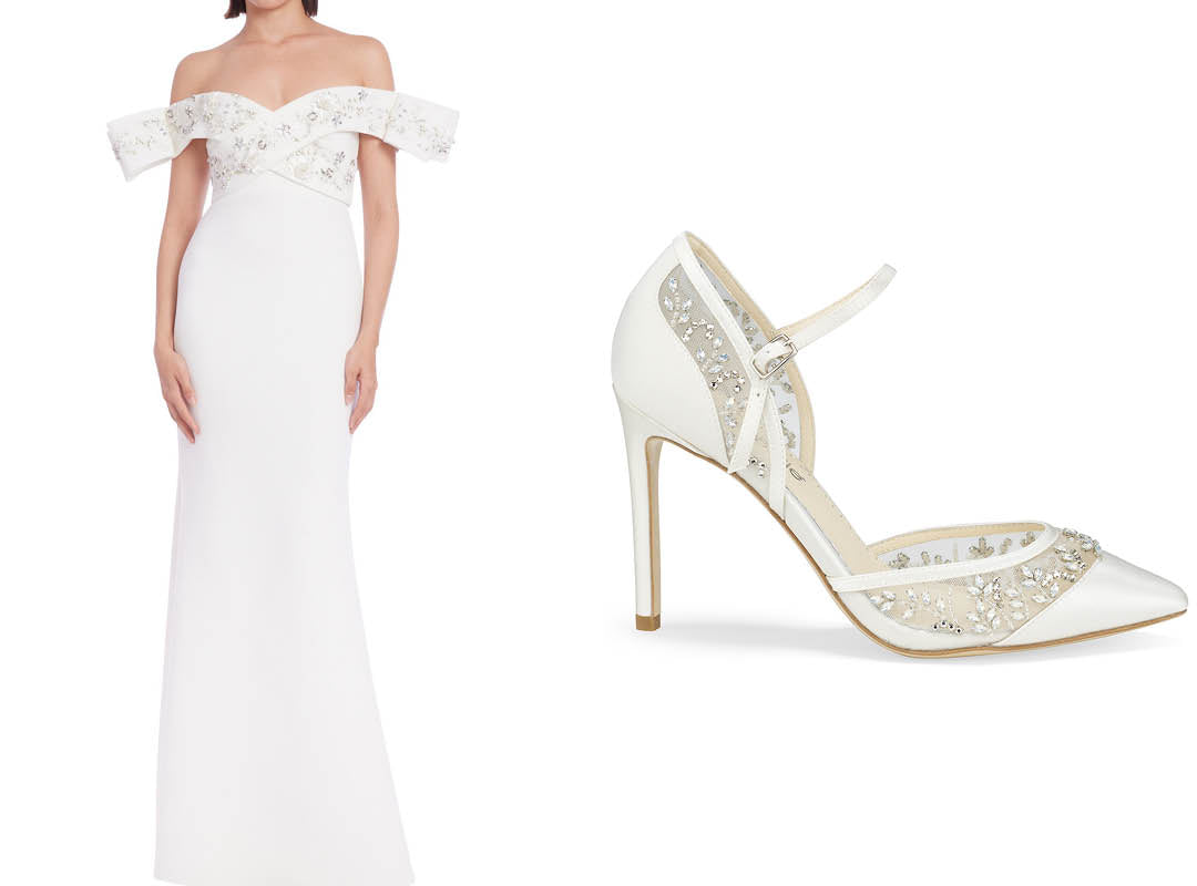 Crystal Embellished Off The Shoulder Dress with Crystal Bridal Heels
