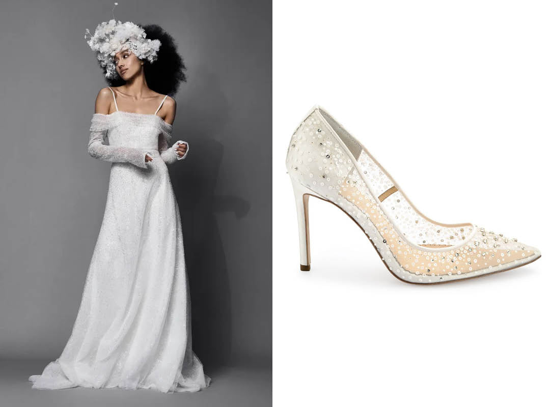 A-Line Off The Shoulder Bridal Dress with Sequin Bridal Heels