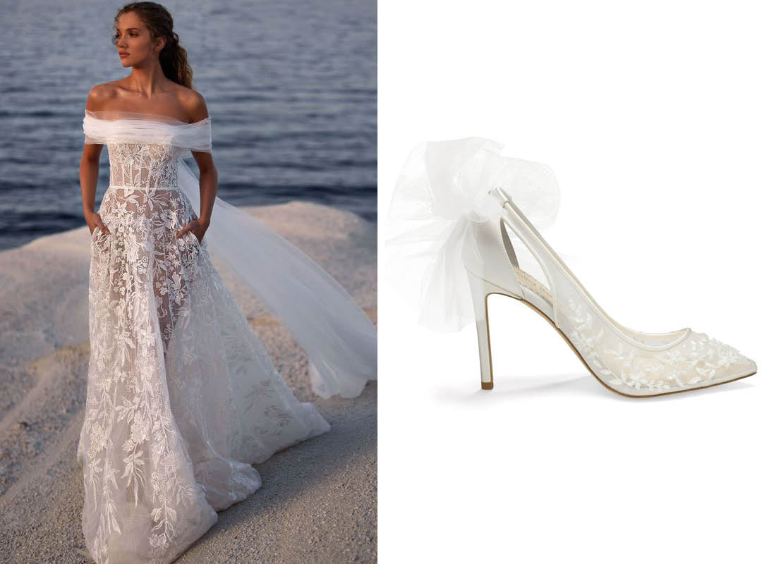 Tulle and Lace Off The Shoulder Wedding Gown with Tulle Wedding Heels