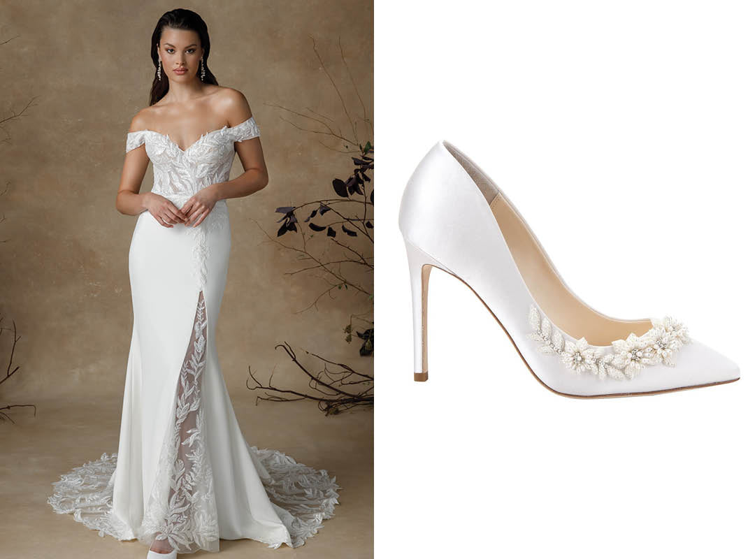 Beaded Off The Shoulder Wedding Dress with Floral Beaded Wedding Pumps