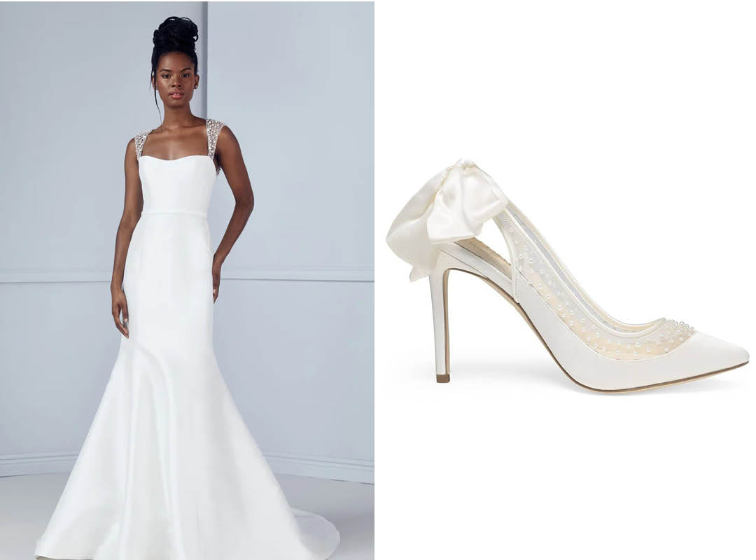 amsale beaded wedding dress and bella belle gabrielle pearl beaded bridal shoes