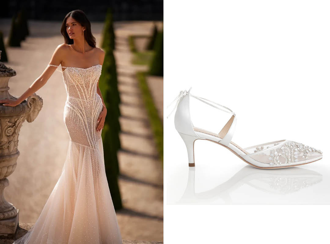 milla nova beaded wedding dress and bella belle frances crystal beaded bridal shoes