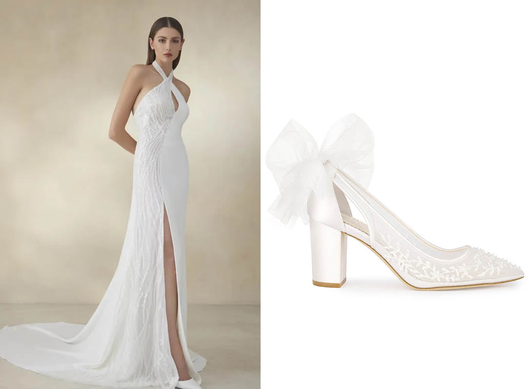 pronovias beaded wedding dress and bella belle easton beaded bridal shoes