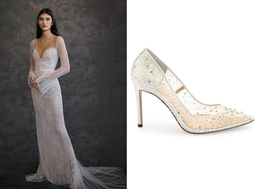 dana harel beaded wedding dress and bella belle elsa crystal beaded bridal shoes