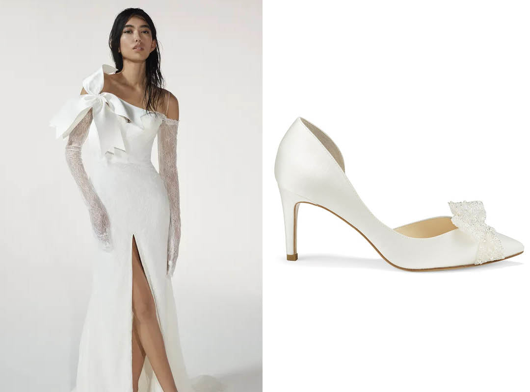 vera wang high slit wedding dress with bella belle dorothy bow pointed toe heel