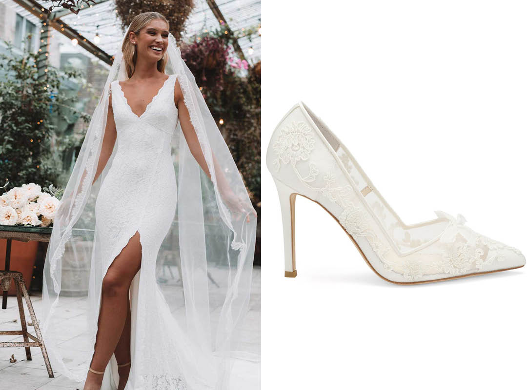 grace loves lace wedding dress with slit and bella belle sophia lace pointed toe heel