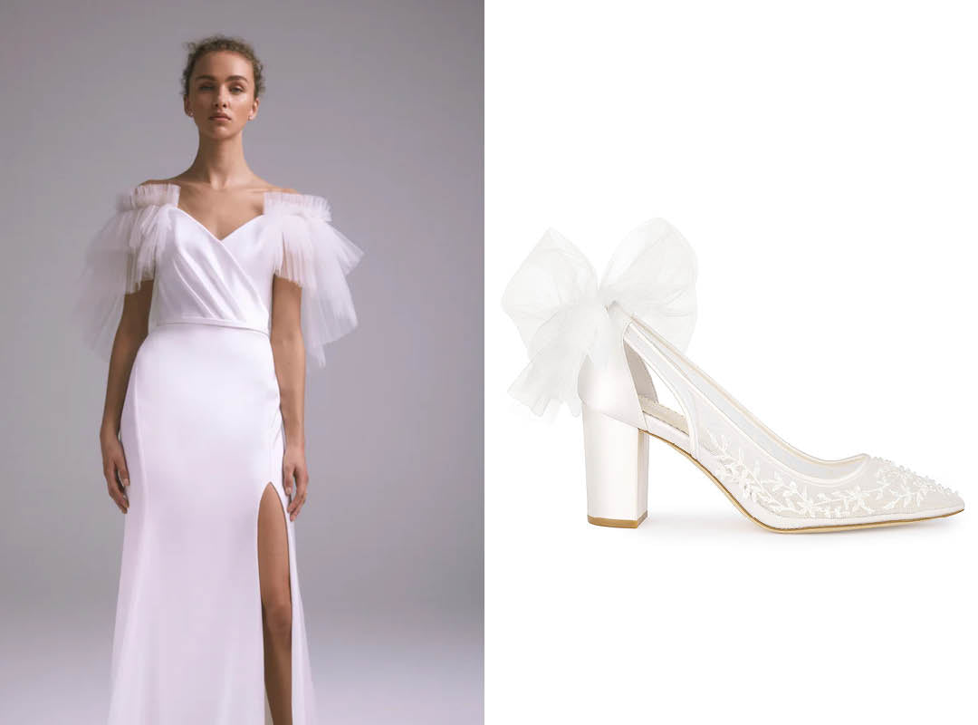 bella belle easton pointed toe block heel with amsale high slit wedding dress