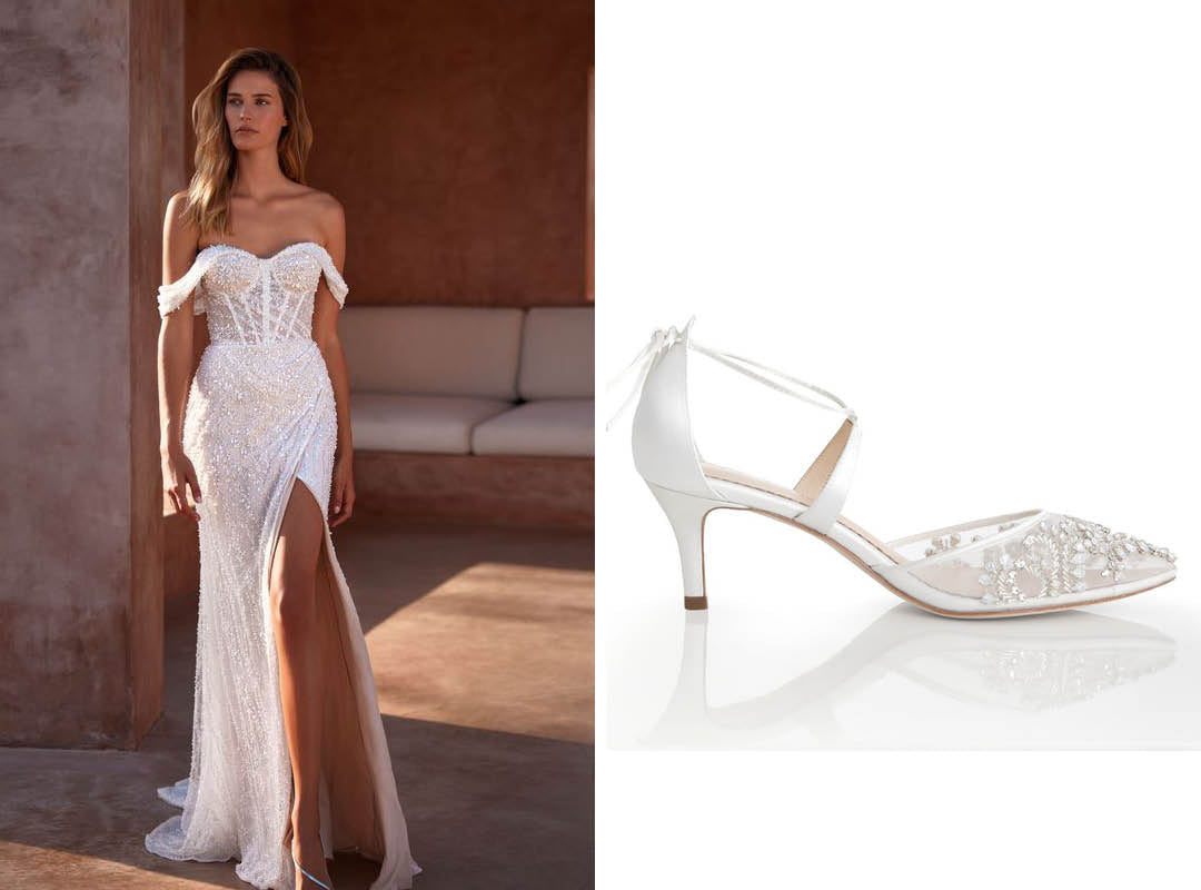 milla nova high slit wedding dress with bella belle frances crystal pointed toe heel