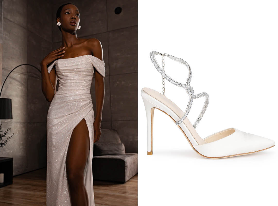 olivia bottega high slit wedding dress with bella belle sidney crystal wedding high heel