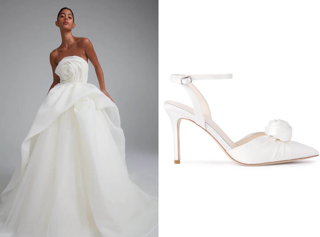 bella belle amsale floral wedding dress and noelle flower wedding shoe