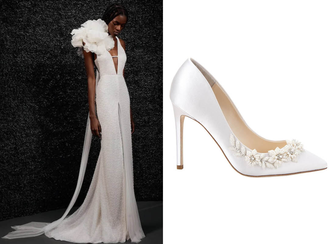 bella belle vera wang floral wedding dress and jasmine flower wedding shoe
