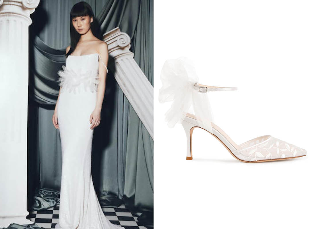 bella belle half penny floral wedding dress and joselyn flower wedding shoe