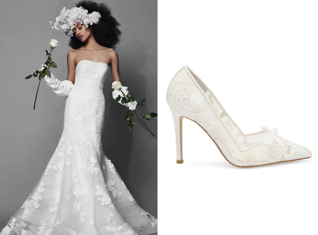 vera wang lace wedding dress with bella belle sophia lace wedding shoes