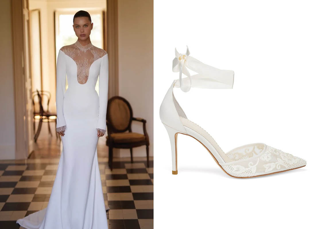 dana harel lace wedding dress with bella belle penelope lace wedding shoes
