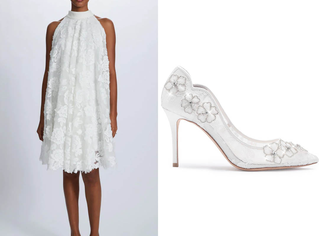 Amsale Short Lace Wedding Dress with Bella Belle Aurora Lace Wedding Heels