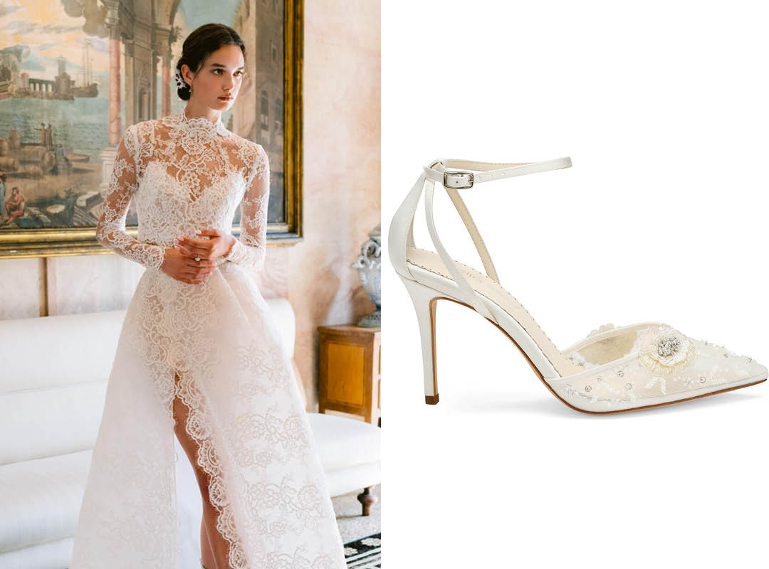 Monique Lhuillier Lace Wedding Dress with Bella Belle Norah Wedding Heels