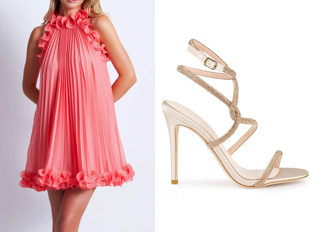 patbo spring wedding guest outfits and bella belle shoes teagan gold heels
