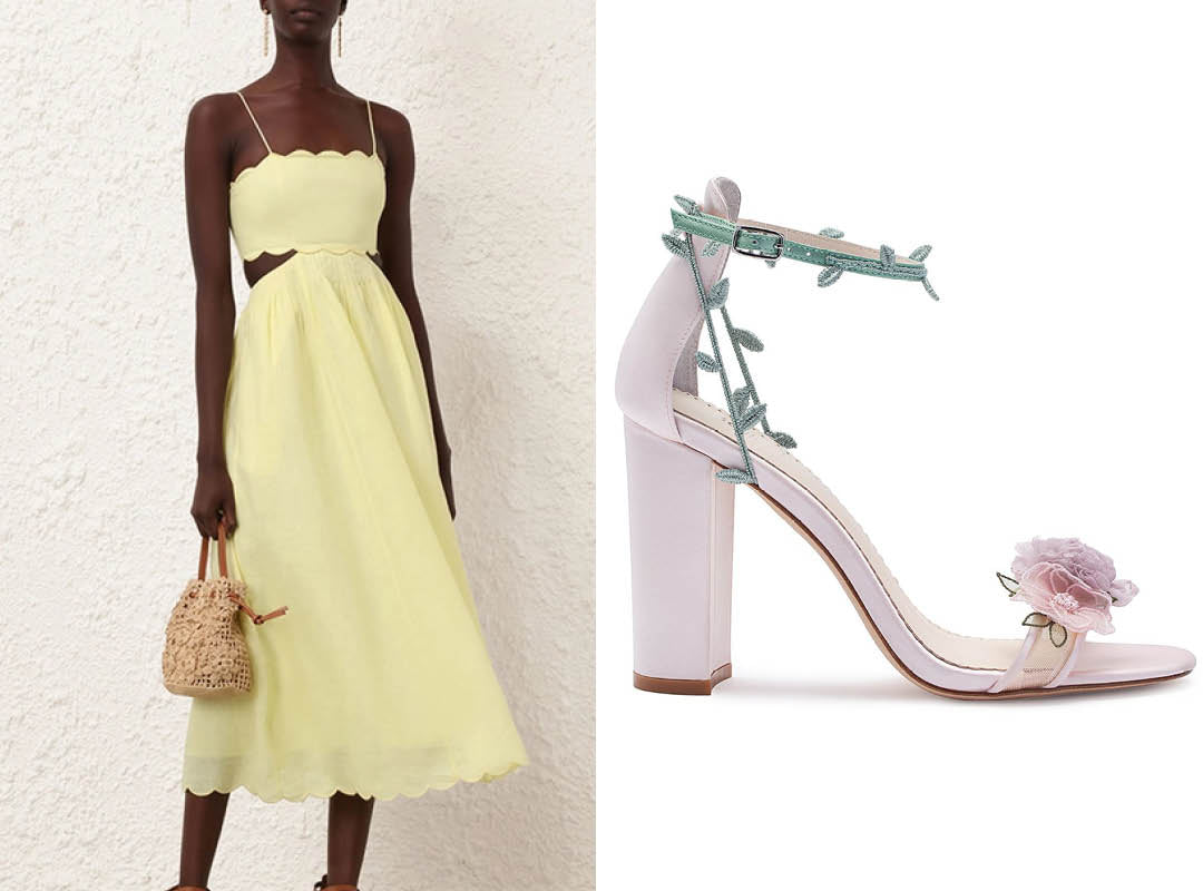 zimmerman spring wedding guest outfits and bella belle shoes eden blush block heels